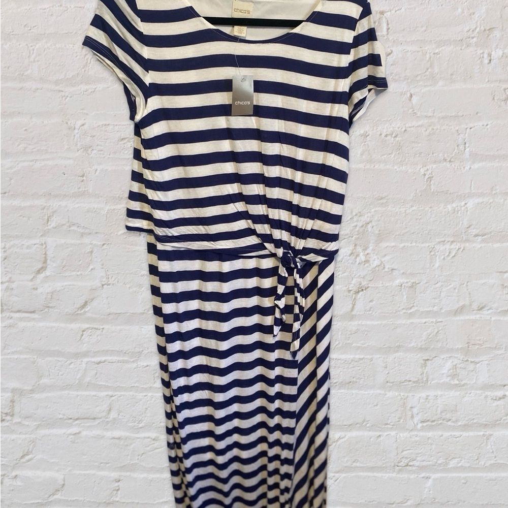 NWT Chico’s Navy & White Striped Maxi Dress Size M | Tie Waist Short Sleeve